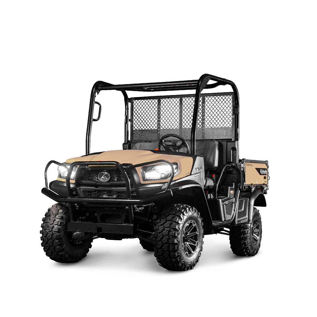 Kubota RTV-X utility vehicle in desert sand, on a white background