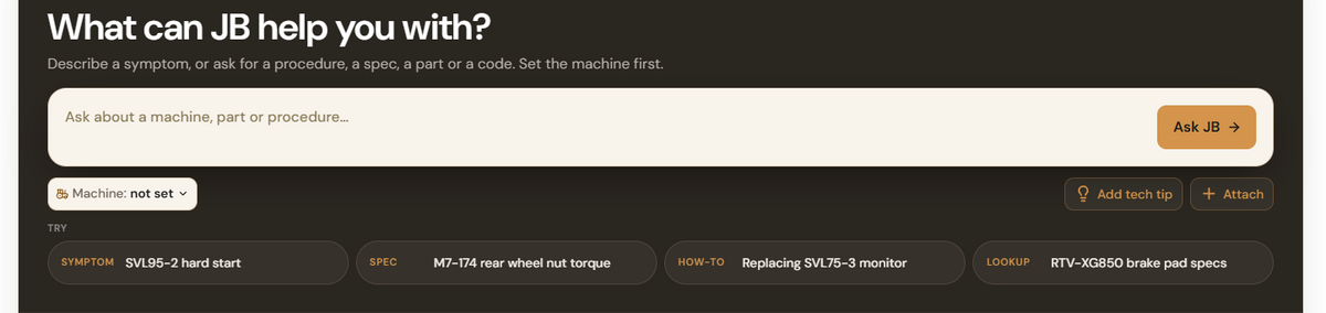 JB's home screen: a box to ask about a machine, part or procedure, and four example questions.