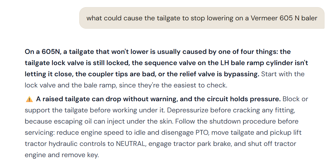 JB's answer to a question about a Vermeer 605N baler tailgate that won't lower, with the safety steps first.