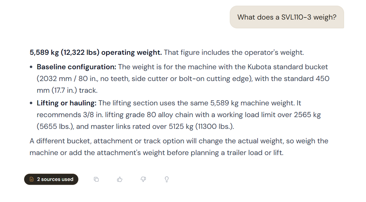 JB's answer to a question about what a Kubota SVL110-3 weighs, with its operating weight in kilograms and pounds.