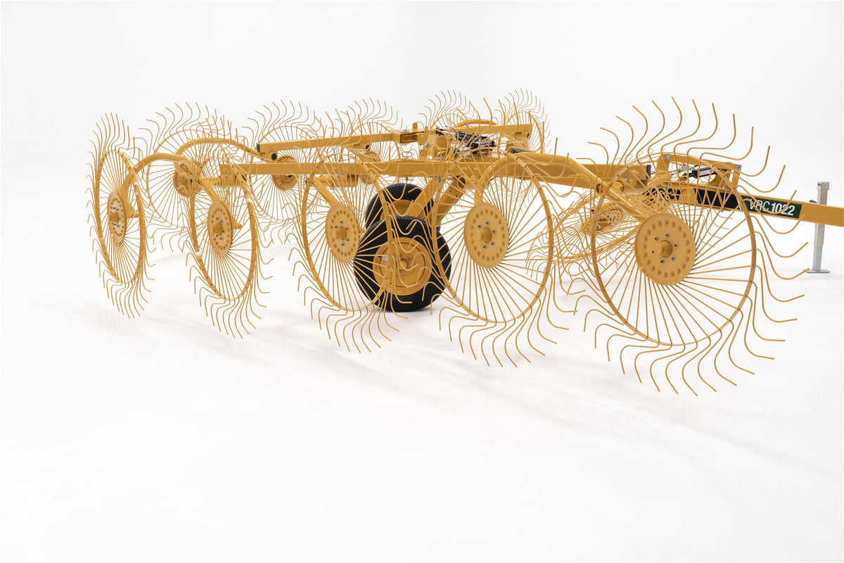 Vermeer VRC1022 carted wheel rake on a white background, seen from the rear quarter