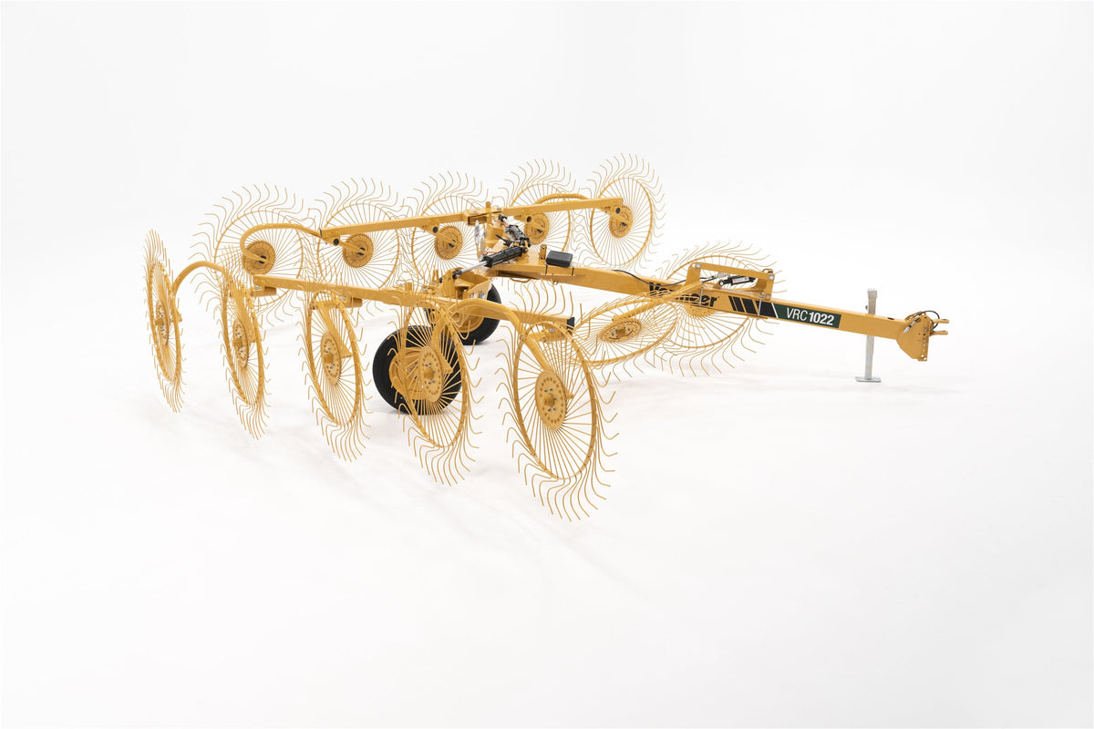 Vermeer VRC1022 carted wheel rake on a white background, seen from the side
