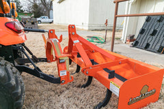 A Land Pride QH05 quick hitch on a Kubota sub-compact tractor, coupled to a Land Pride box scraper
