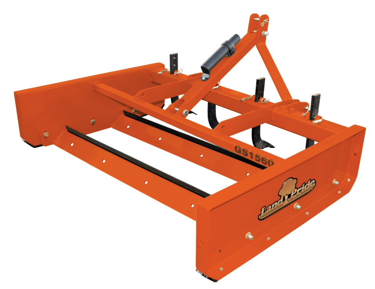 Land Pride GS1560 grading scraper with its scarifier shanks, on a white background