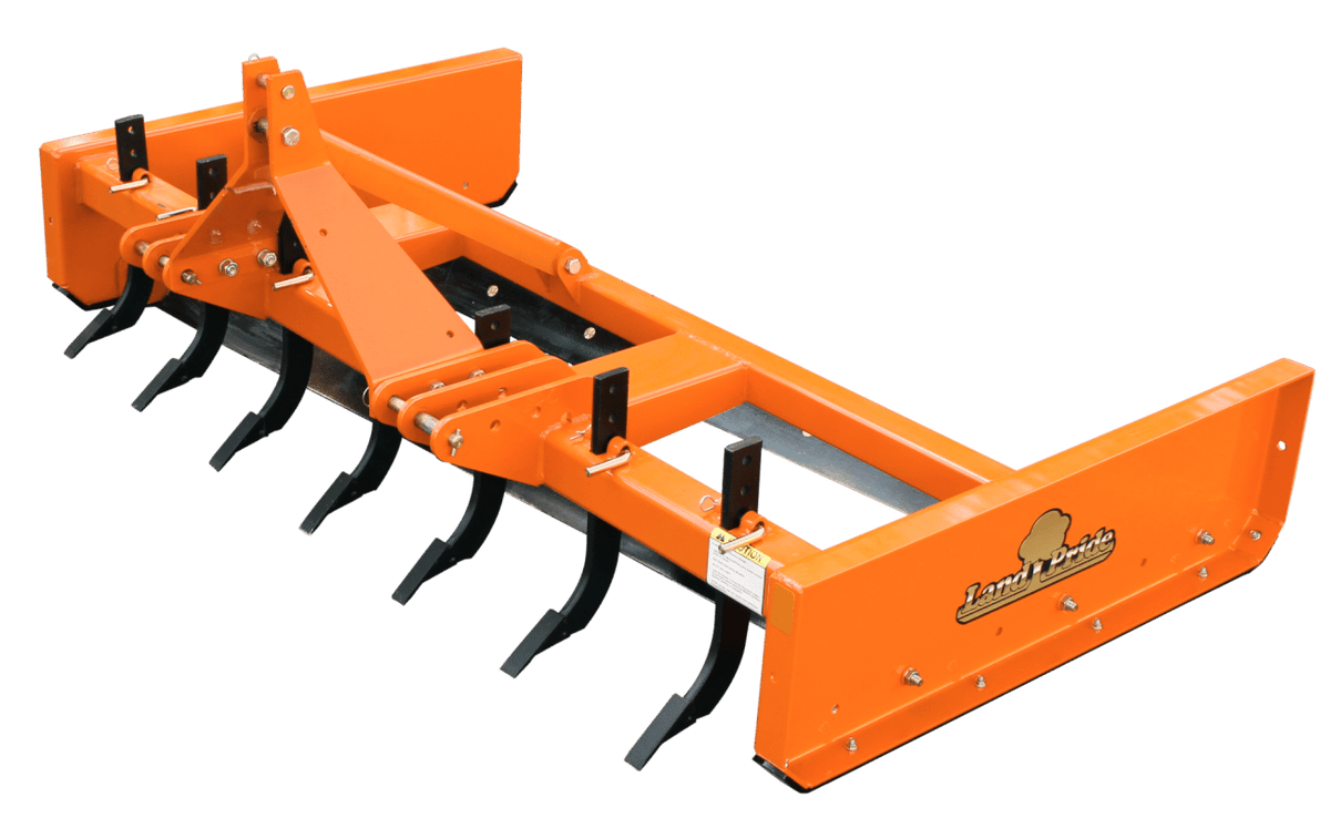Land Pride GS25 series grading scraper with scarifier shanks, on a white background
