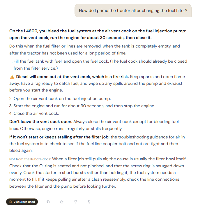 JB's answer to a question about bleeding a Kubota L4600's fuel system after a filter change.