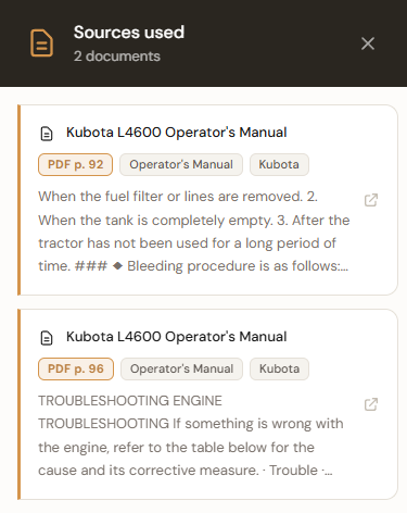 JB's sources panel: the two pages of the Kubota L4600 Operator's Manual the answer came from, pages 92 and 96.